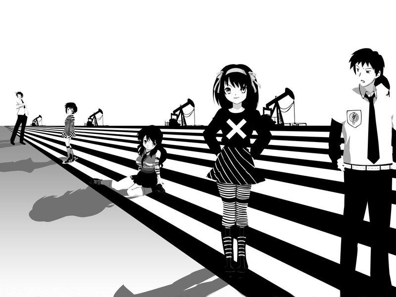 Anime Characters on a Striped Path — Black
