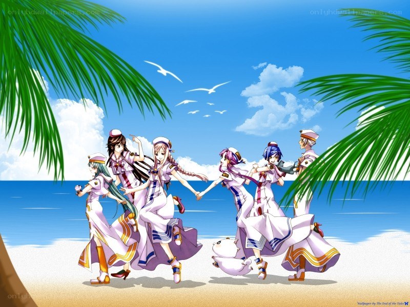 anime characters on a tropical beach