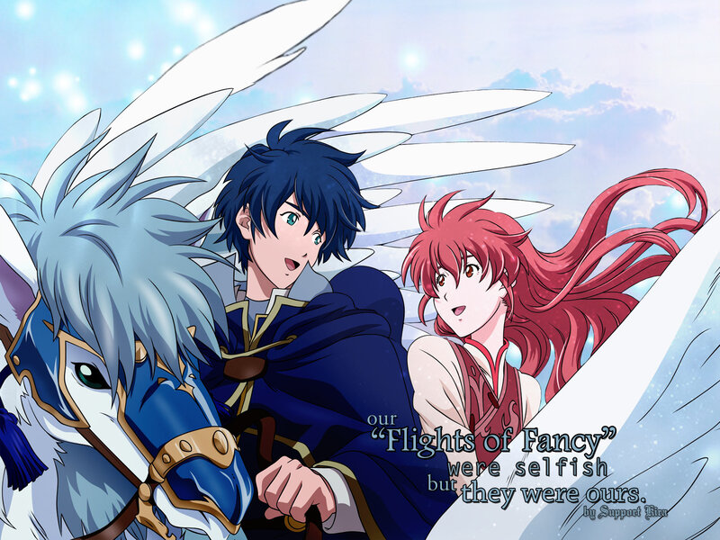 Anime Characters on a Winged Horse — Blue, Dramatic