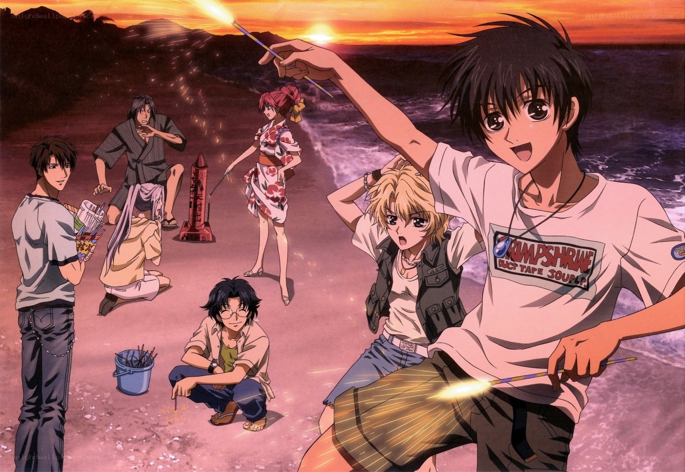 Anime characters on beach at sunset