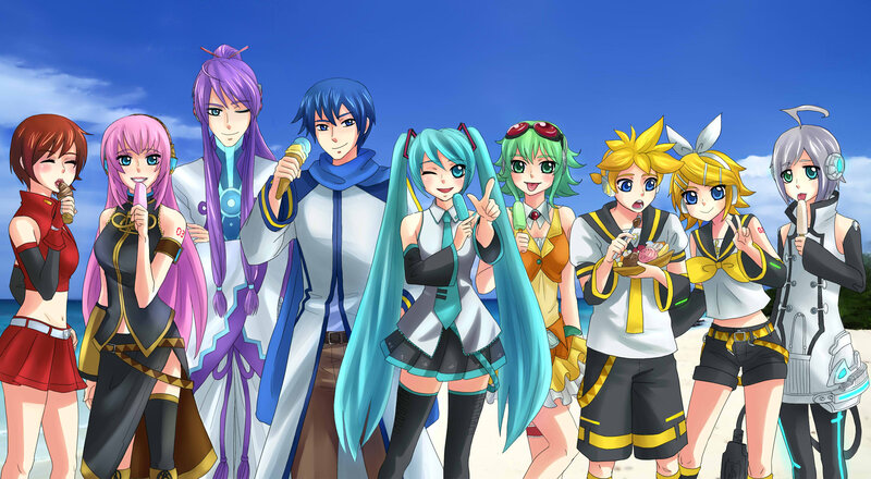 Anime Characters on Beach — Blue, Cheerful, Afternoon, Ice Cream