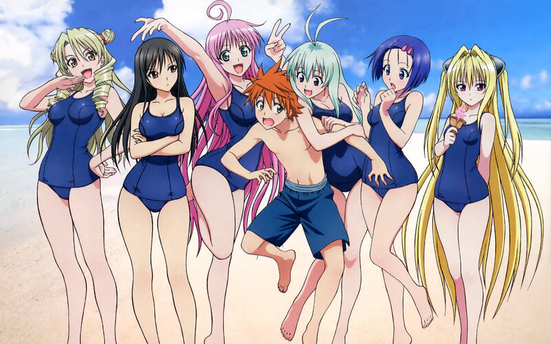 Anime Characters on Beach — Blue, Playful, Afternoon, Swimsuits