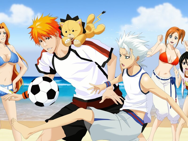 Anime Characters on Beach — Blue, Playful