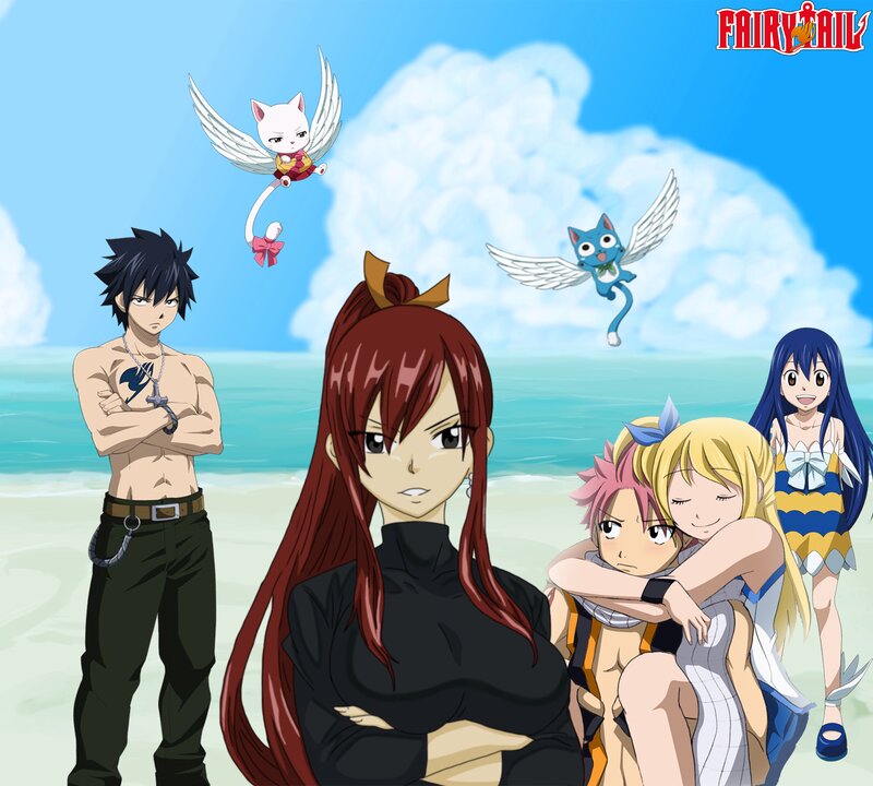Anime Characters on Beach — Blue, Relaxed, Afternoon, Cat-like Creatures