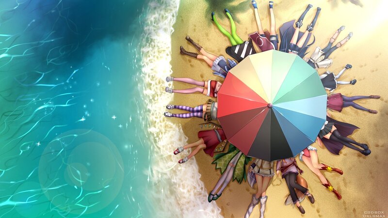 Anime Characters on Beach — Blue, Serene, Afternoon, Digital Art