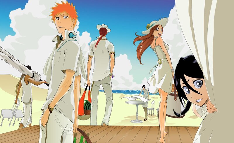 Anime Characters on Beach — Blue, Serene, Afternoon, Ocean, Table
