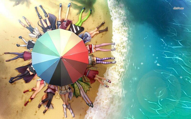Anime Characters on Beach — Blue, Serene, Afternoon