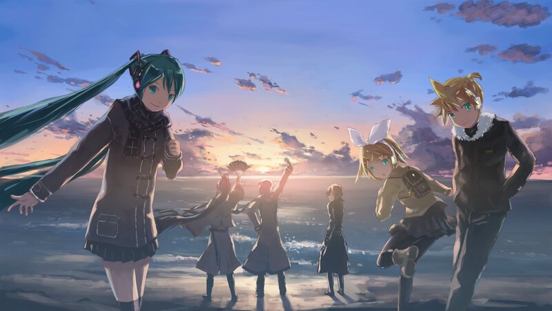 Anime Characters on Beach — Blue, Serene, Sunset