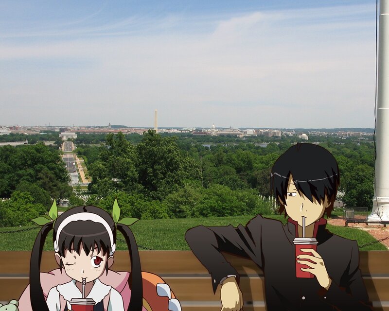 Anime Characters on Bench — Green, Calm, Afternoon, Cityscape