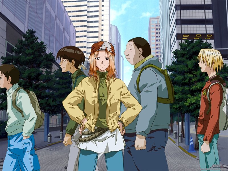 anime characters on city street