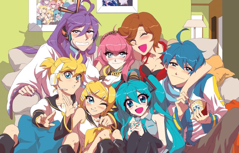 Anime Characters on Couch — Blue, Happy