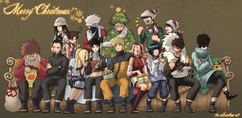 Anime Characters on Couch — Brown, Festive, Winter, Digital Art