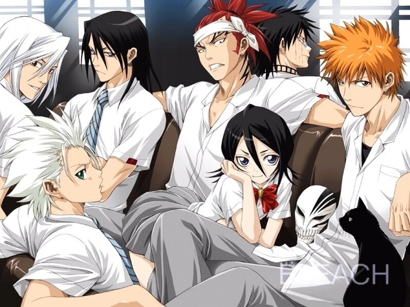 Anime Characters on Couch — White, Relaxed, Cat, Skull Mask, School Uniforms