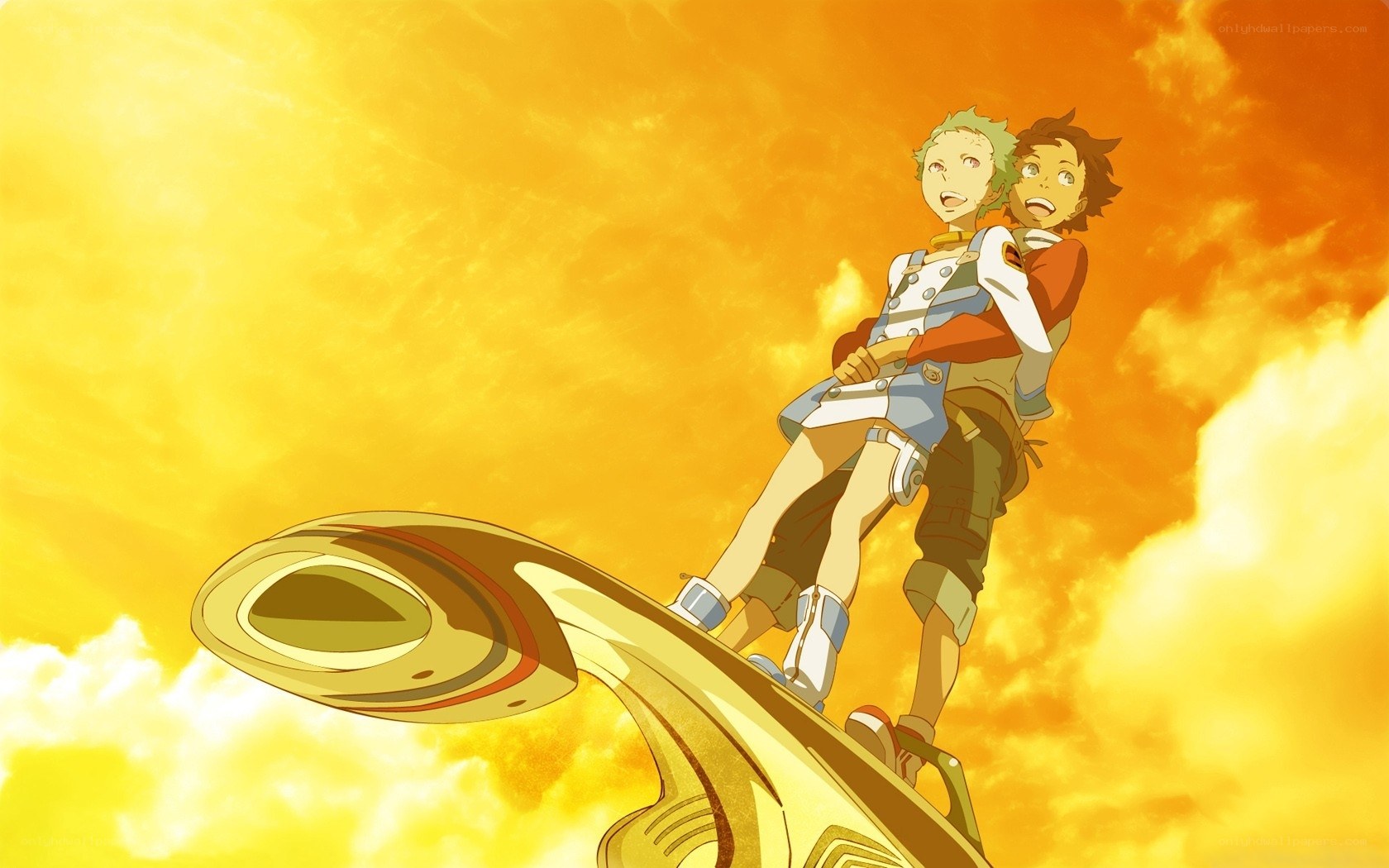 anime characters on flying vehicle