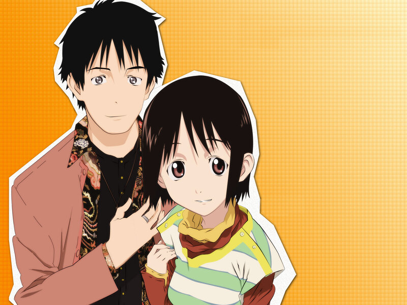 Anime characters on orange background