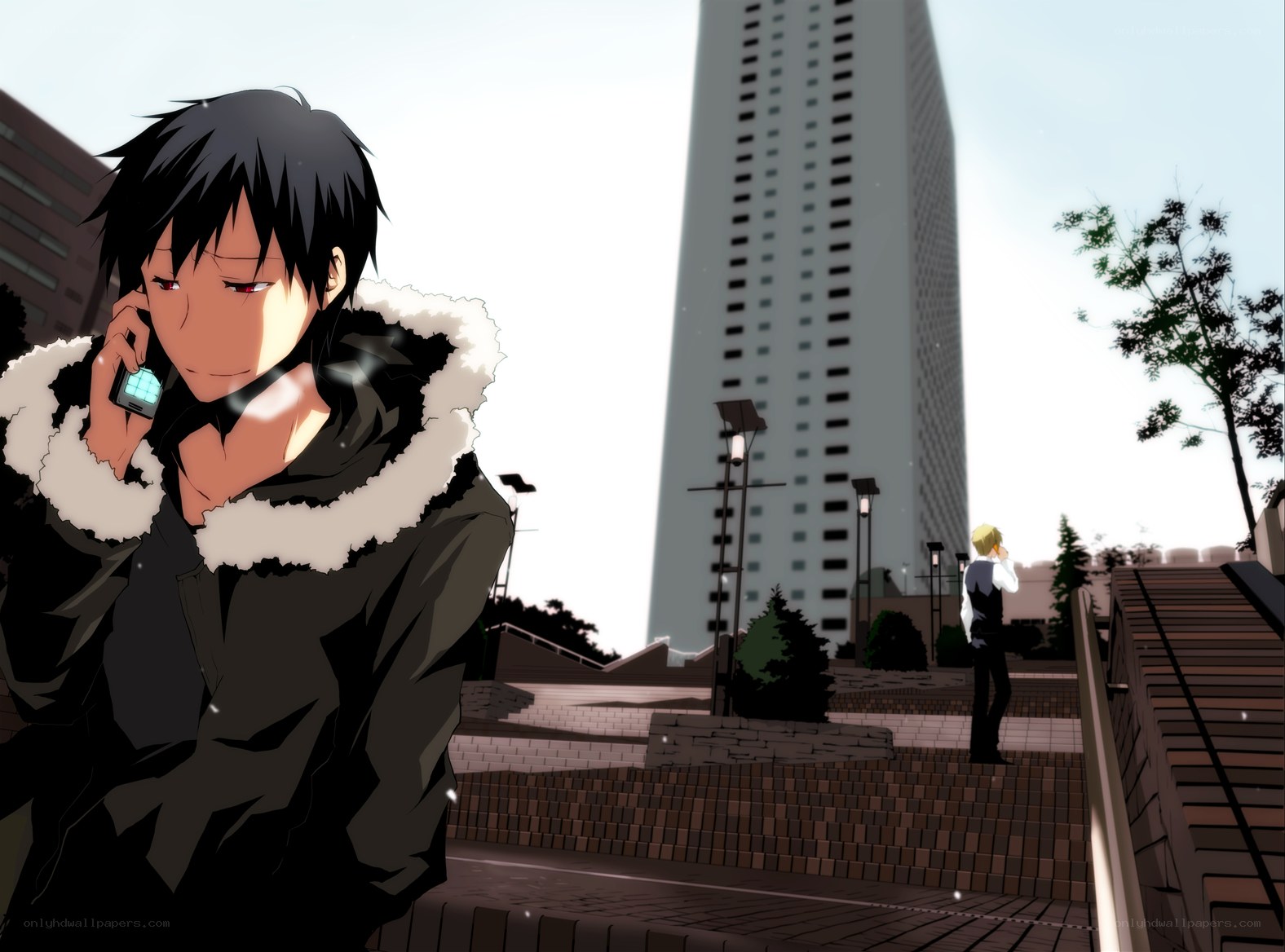 Anime characters on phone in city
