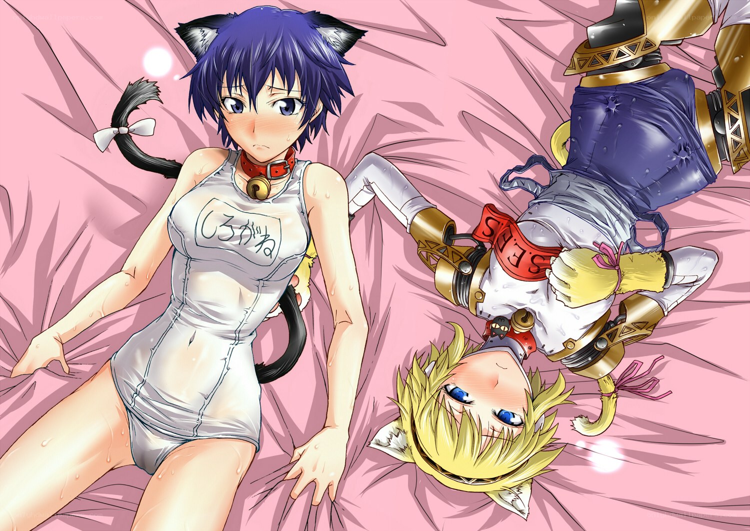 anime characters on pink bed