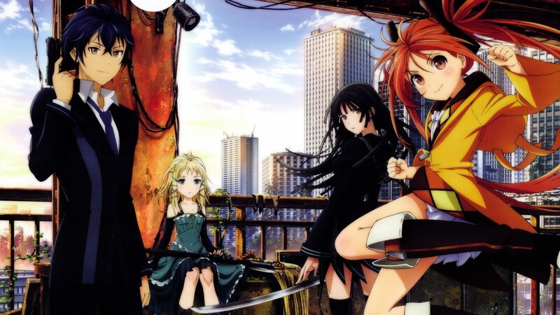 Anime Characters on Rooftop — Blue, Dramatic, Afternoon, City Skyline