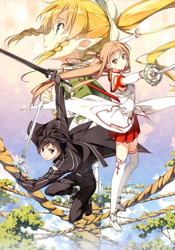 Anime characters on rope bridge