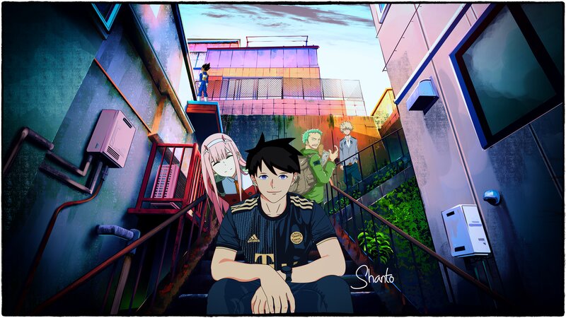 Anime Characters on Stairs — Blue, Dramatic, Sunset