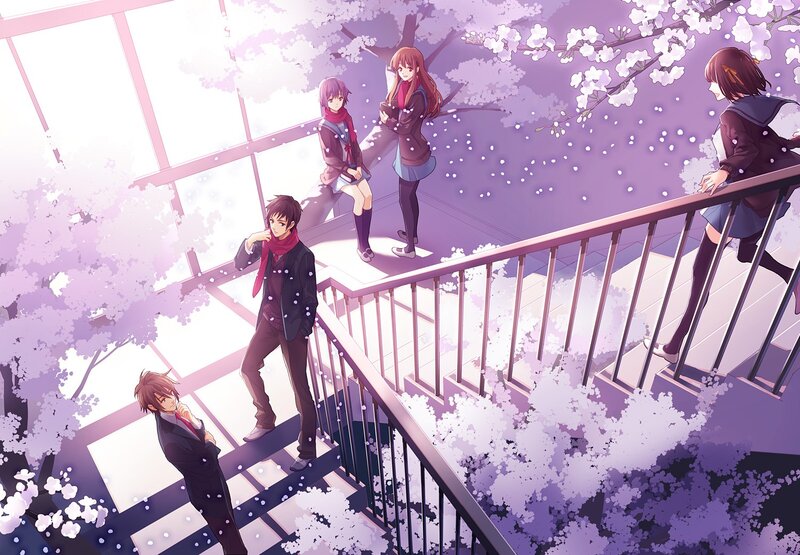 Anime Characters on Stairs — Purple, Serene, Spring