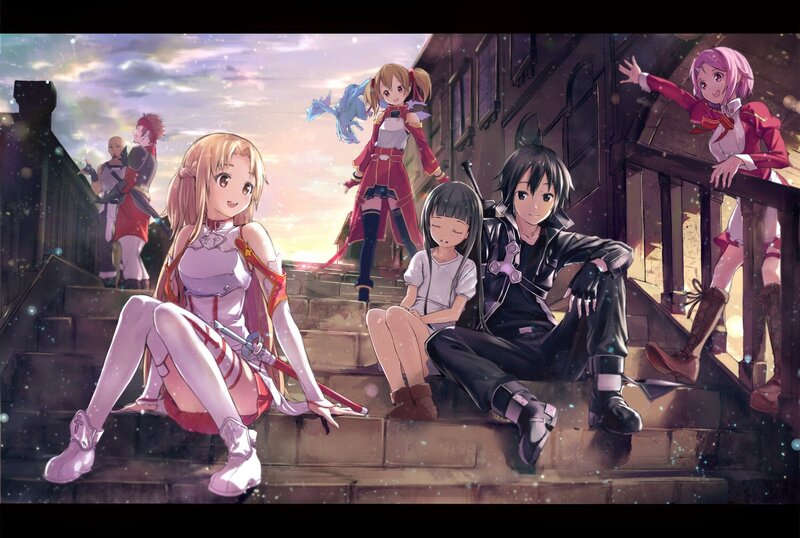 Anime Characters on Stairs — Purple, Serene, Sunset, Building