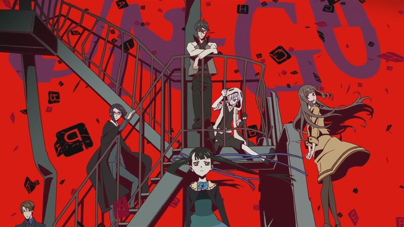 Anime Characters on Stairs — Red, Dramatic, Confetti