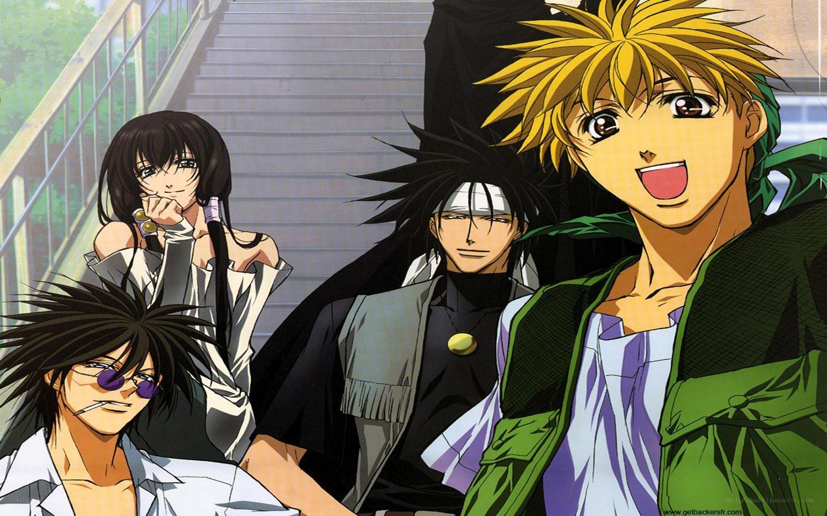anime characters on stairs