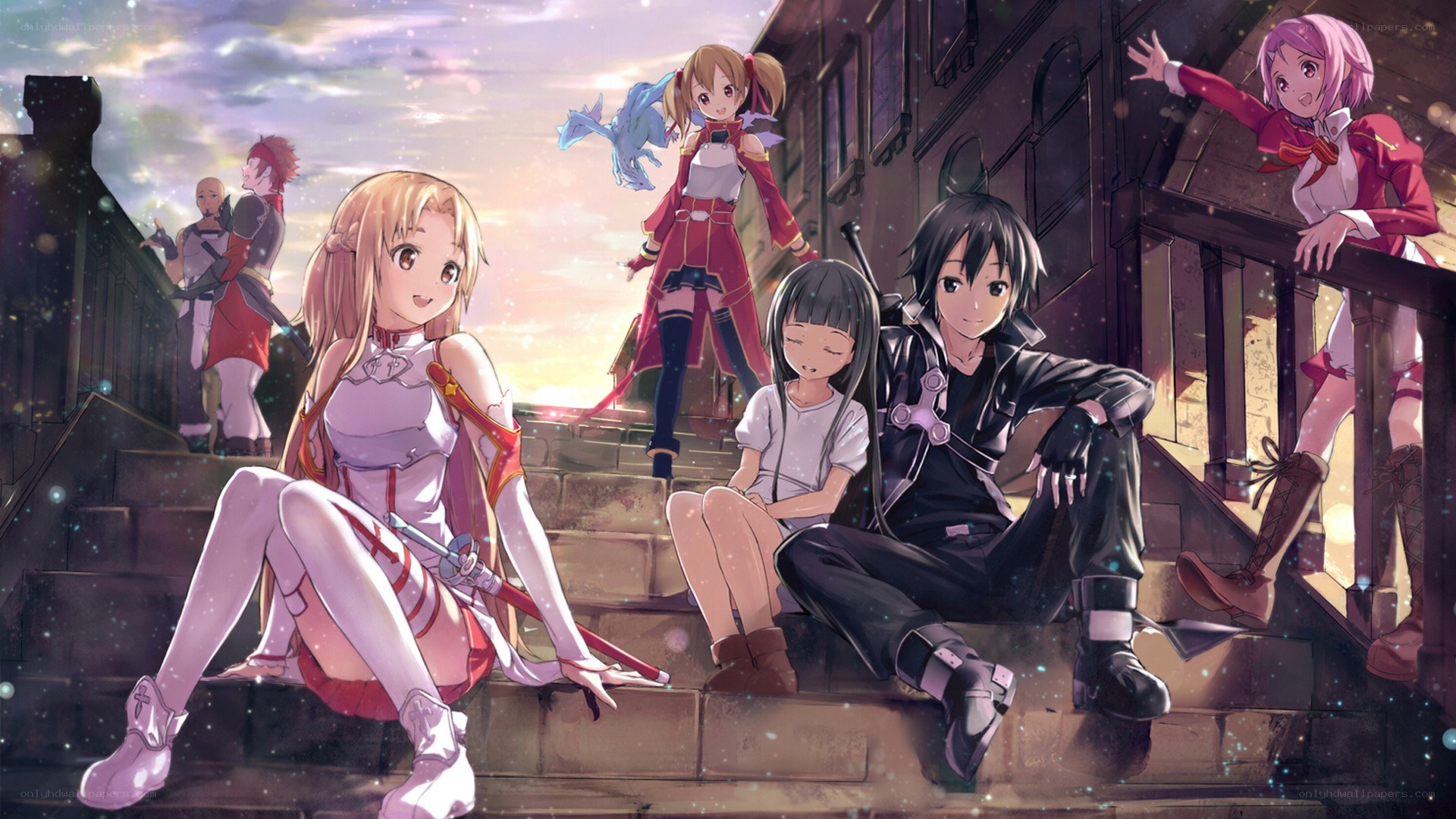 anime characters on steps at sunset