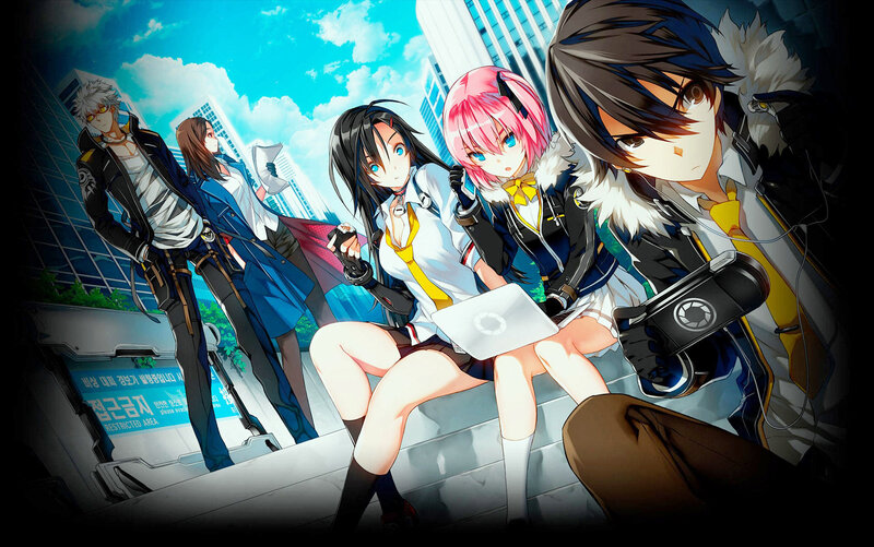 Anime Characters on Steps — Blue, Dramatic, Afternoon, Laptop