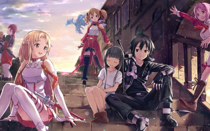 Anime Characters on Steps — Purple, Peaceful, Sunset