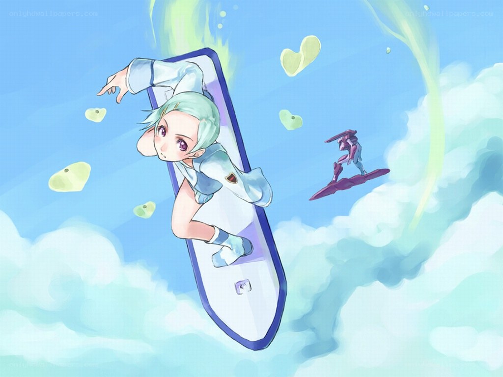 anime characters on surfboards in sky