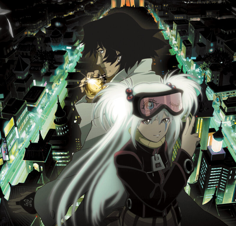 Anime characters over cityscape