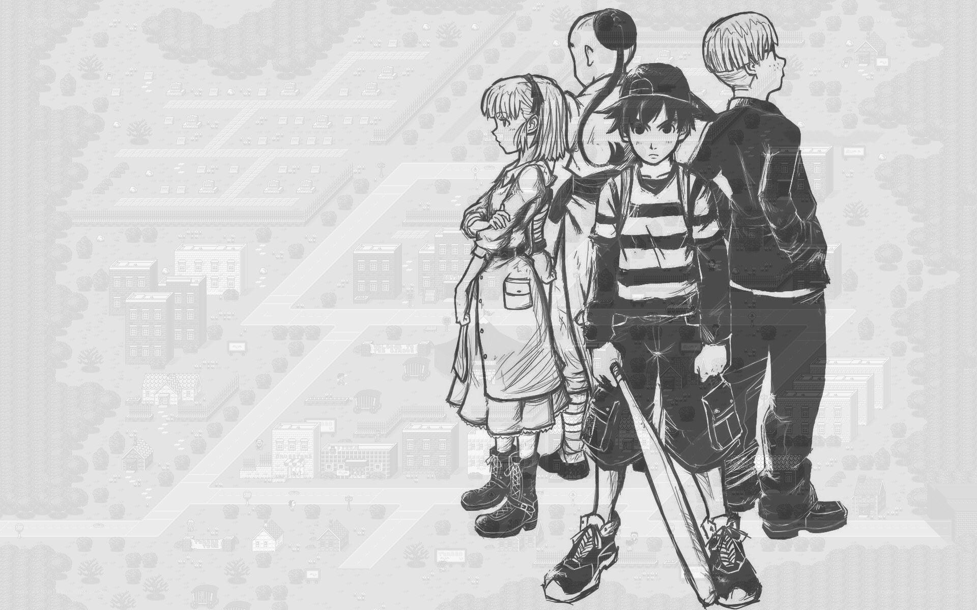 anime characters overlooking town