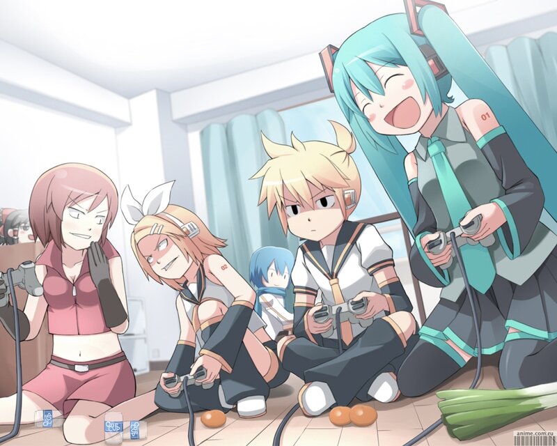 Anime Characters Playing Games — Blue, Playful