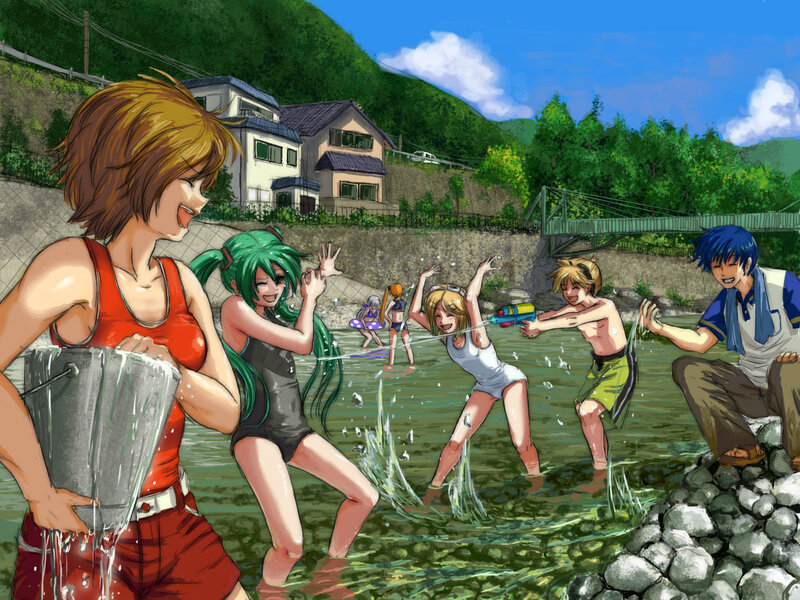 anime characters playing in river