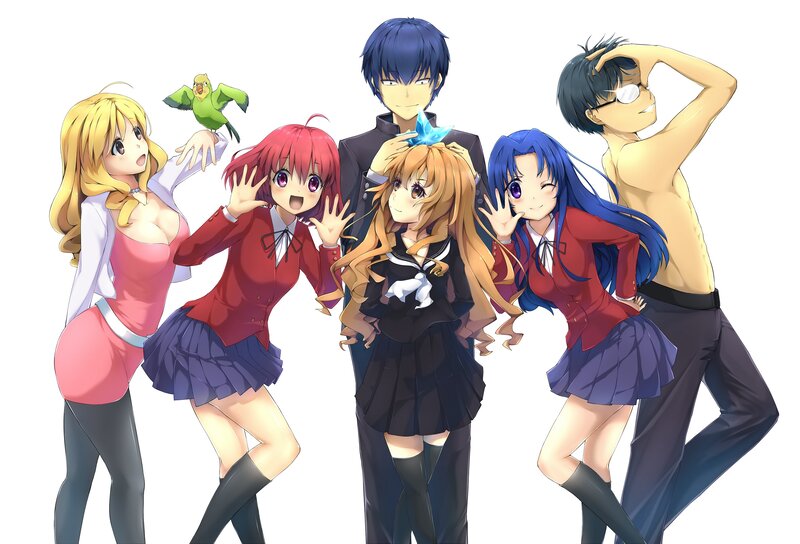 Anime Characters Posing — Blue, Playful, Bird