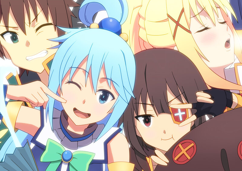 Anime Characters Posing — Blue, Playful, Smiling, Pointing