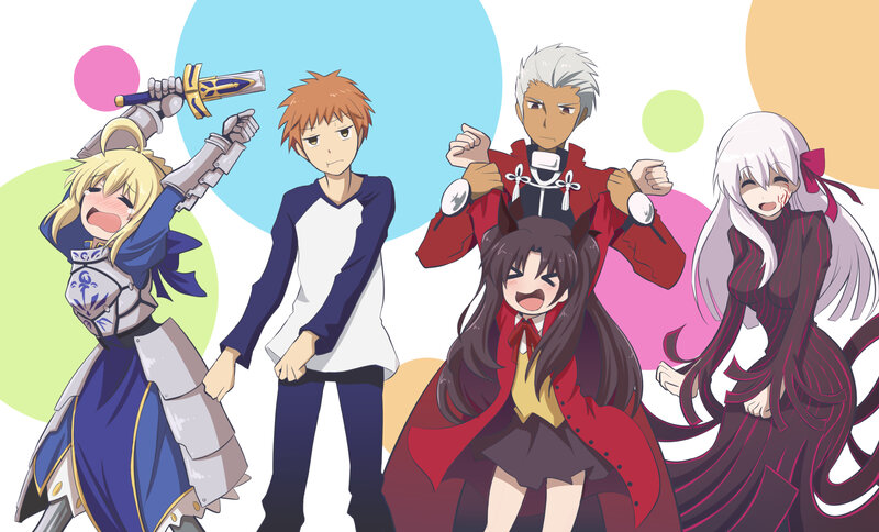 Anime Characters Posing — Blue, Playful, Sword