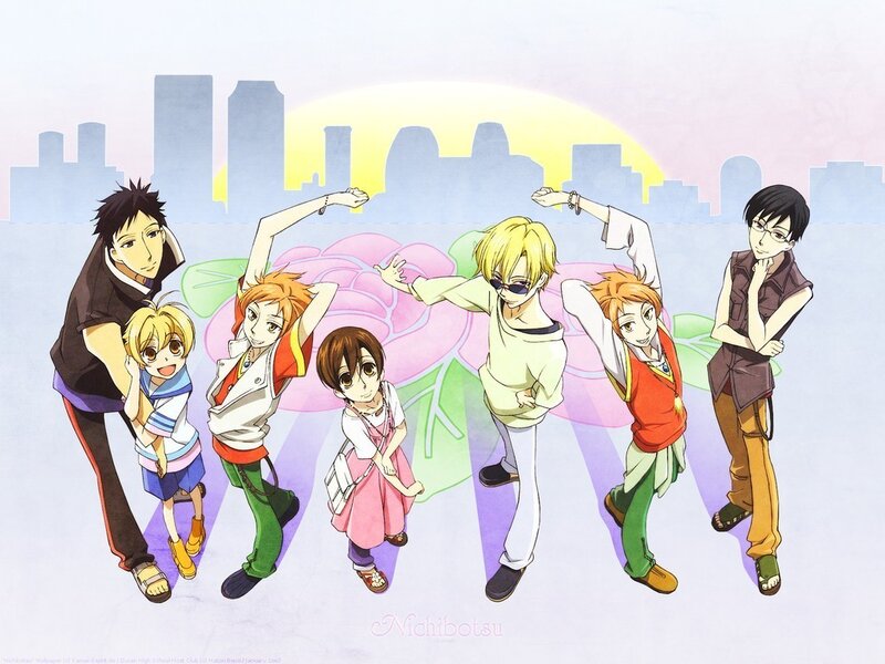 Anime Characters Posing — Purple, Playful, Sunset