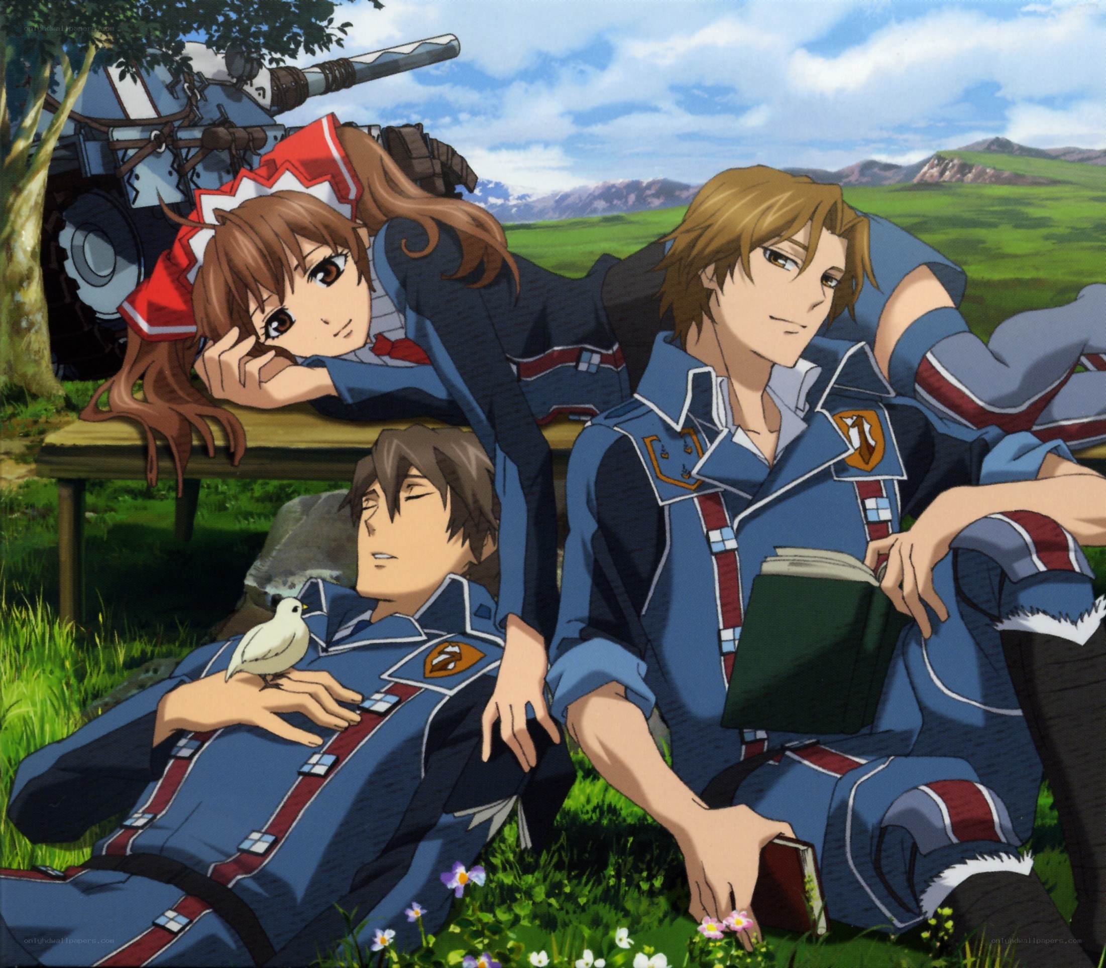 anime characters relaxing in a field