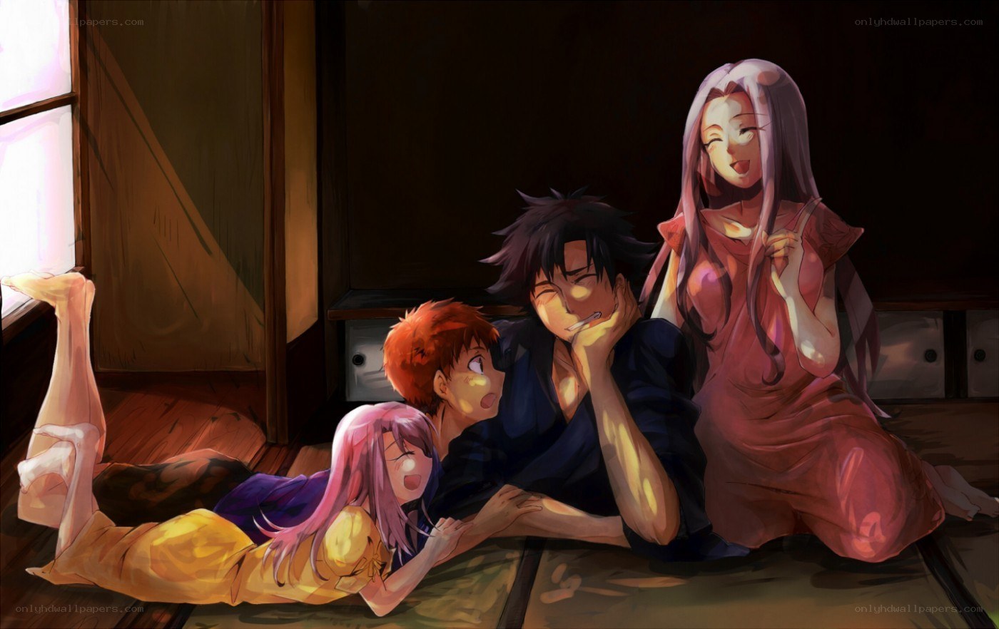 anime characters relaxing indoors