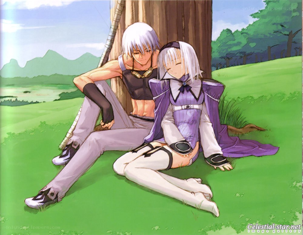 Anime characters resting in a field