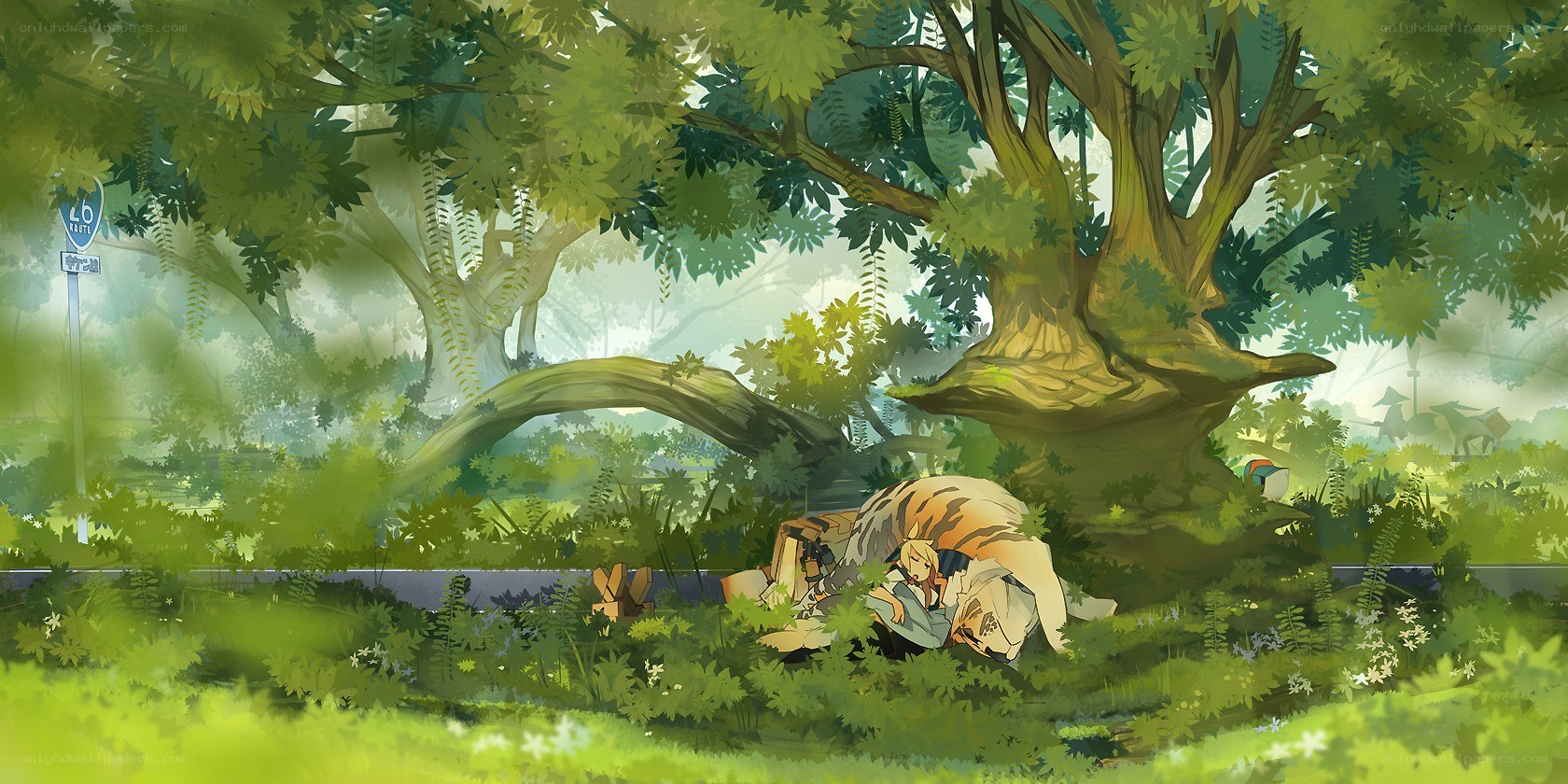 Anime characters resting in a forest