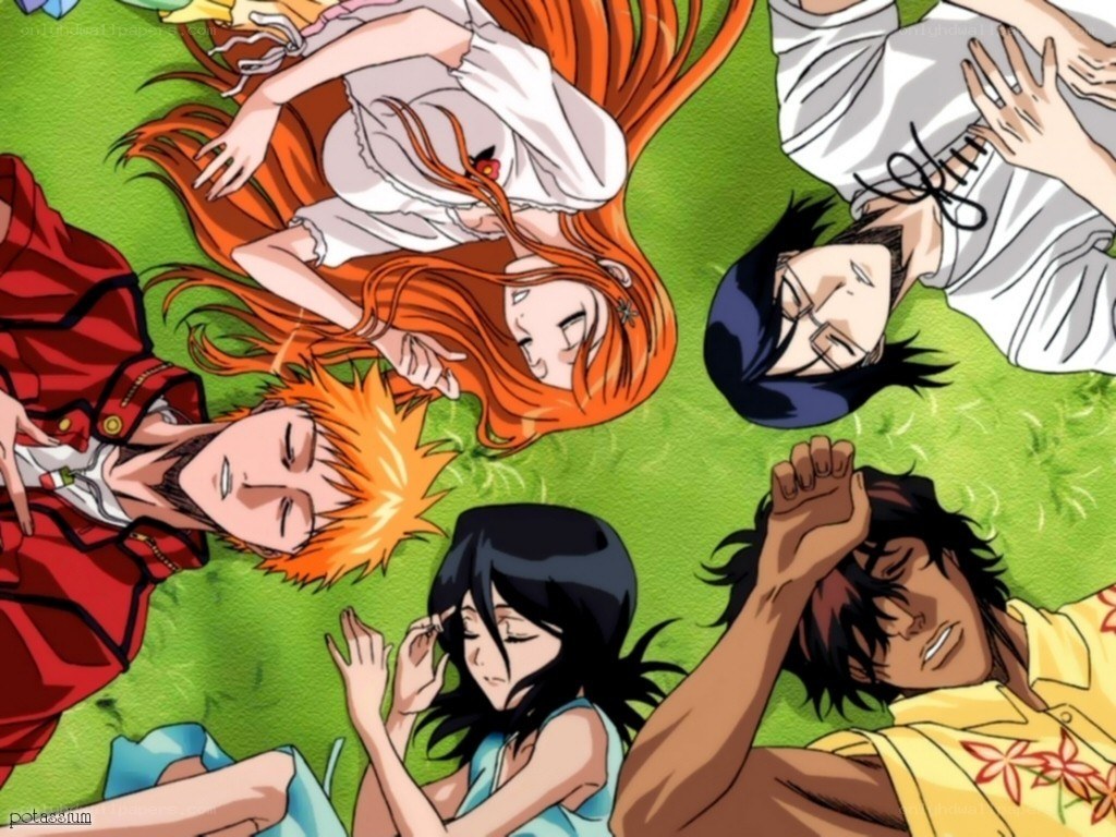 anime characters resting on grass