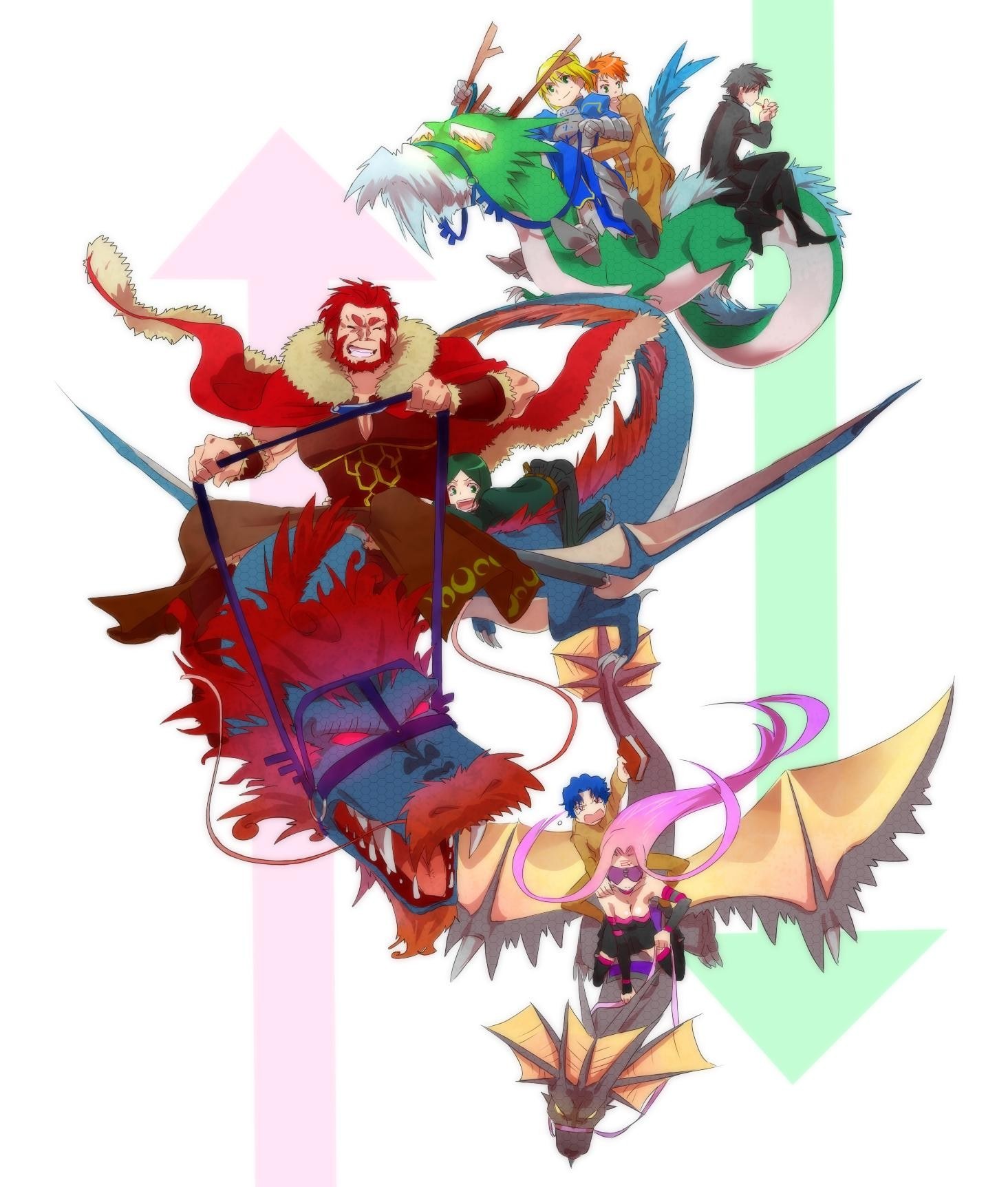 Anime characters riding dragons