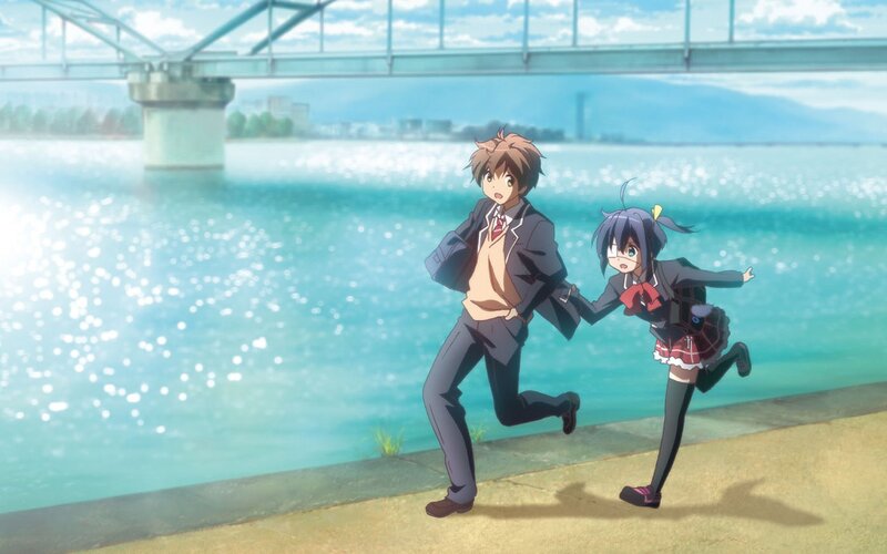 anime characters running by river