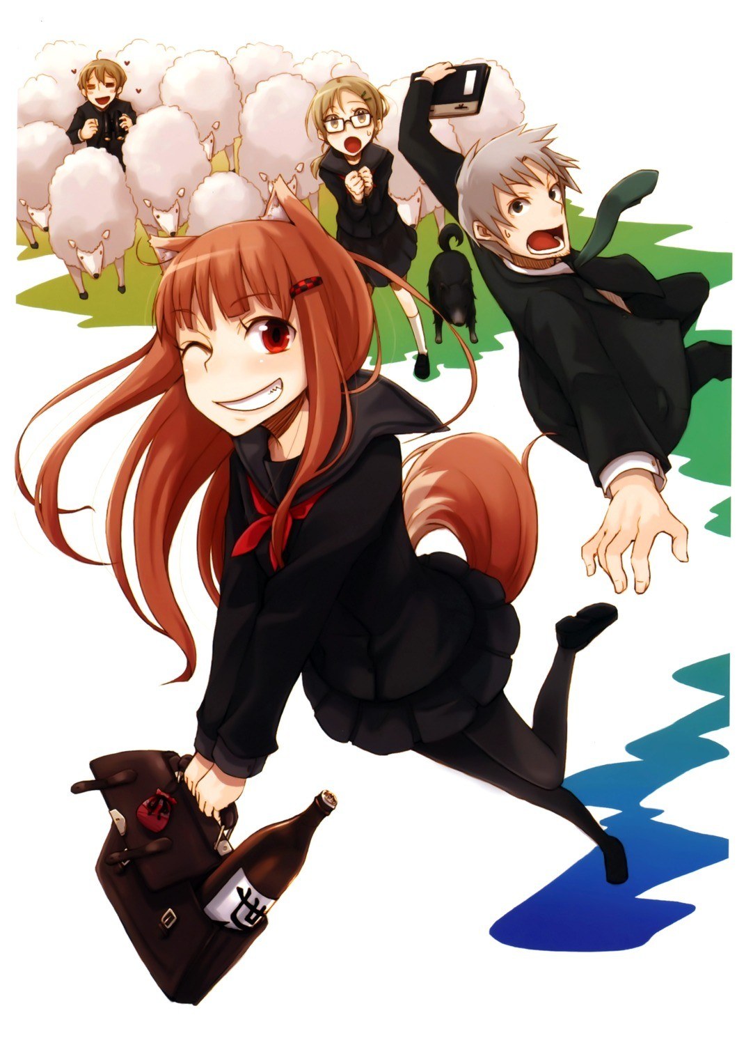 Anime characters running with sheep