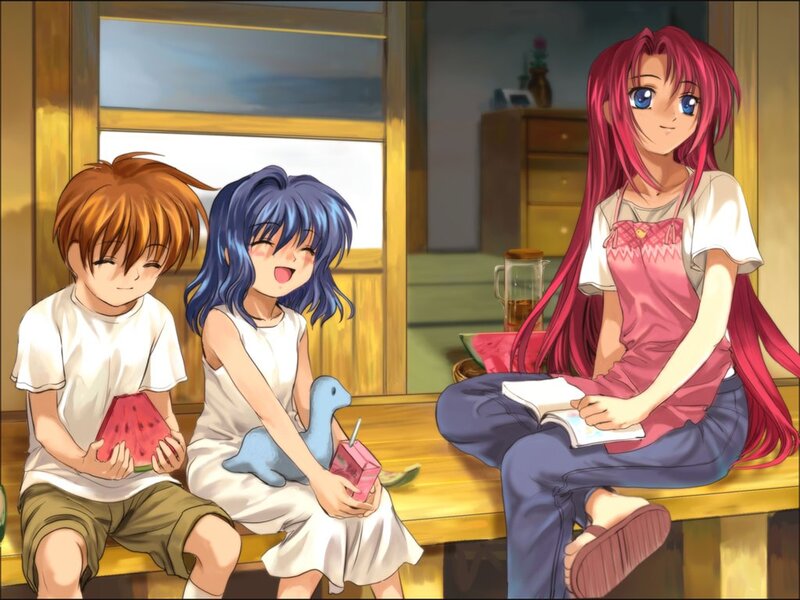 Anime characters sharing a snack