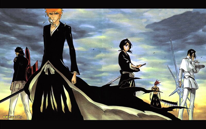 Anime Characters Standing — Black, Dramatic, Sunset